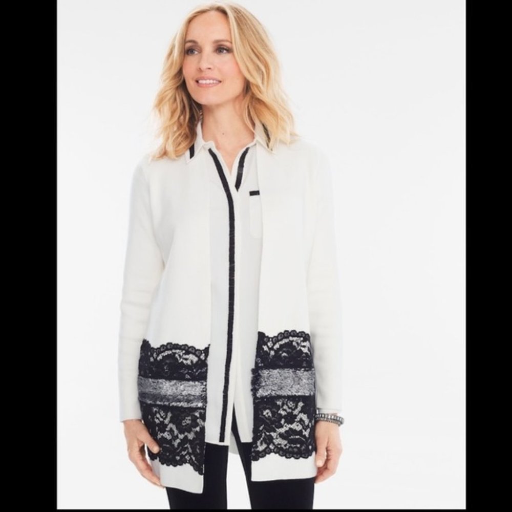 Chico's Cream Black Lace Drama Long Cardigan - 2
